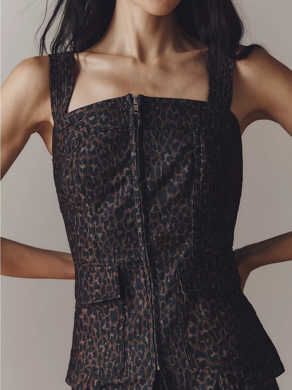 NWT PIlcro by Anthropologie Fitted leopard Denim bodice top size L
